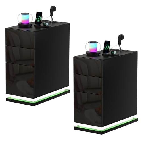 Lvhcmfohm 2er Set Nachttisch Schmal mit Steckdose, B30 x T50 x H63 Nachtschrank mit Led und 3 Schubladen, Nachtkästchen, Nachtkommode Beistelltisch mit USB und 16 Farben Beleuchtung, Schwarz Lvhcmfohm 2er Set Nachttisch Schmal mit Steckdose, B30 x T50 x H63 Nachtschrank mit Led und 3 Schubladen, Nachtkästchen, Nachtkommode Beistelltisch mit USB und 16 Farben Beleuchtung, Schwarz von Lvhcmfohm