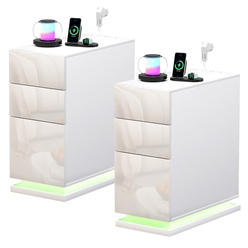 Lvhcmfohm 2er Set Nachttisch Schmal mit Steckdose und USB, Nachtschrank Led mit 3 Schubladen, B30 x T50 x H63 Nachtkästchen, Nachtkommode Hochglanz Beistelltisch mit USB und 16 Farben Beleuchtung,Weiß von Lvhcmfohm