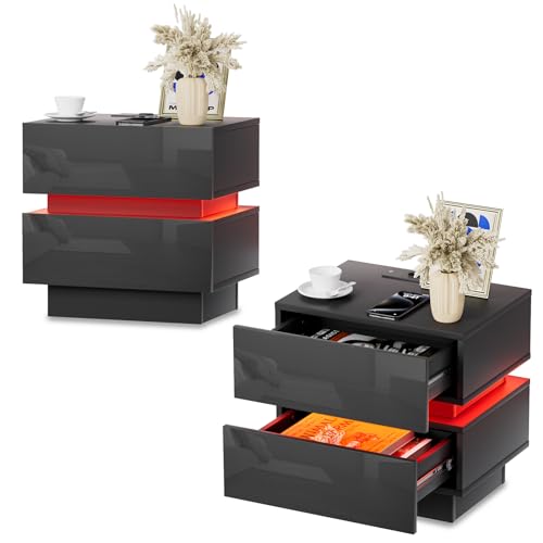 Lvhcmfohm 2er Set Nachttisch mit Steckdose, Nachtschrank Schwarz mit led und ladefunktion, Nachtkommode für Wohnzimmer, Schlafzimmer (45x35x46cm) von Lvhcmfohm