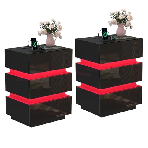 Lvhcmfohm 2er Set Nachttisch mit Steckdose, Nachtschrank mit led, Nachtkommode mit ladefunktion und USB, 3 Schubladen (45x35x62cm, Schwarz) von Lvhcmfohm