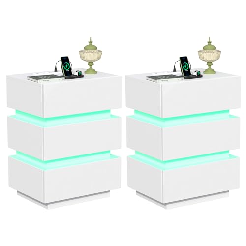Lvhcmfohm 2er Set Nachttisch mit Steckdose und led, Nachtschrank mit USB und ladefunktion, Nachtkommode mit 3 Schubladen (45x35x62cm, Weiß) von Lvhcmfohm