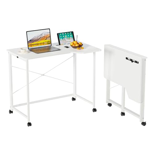 Lvhcmfohm Klappbarer Computertisch mit Rollen, Klapptisch Schreibtisch mit Kartenschlitzen, Platzsparend und Mobiler, Geeignet für Heimbüro und Arbeitszimmer (Weiß, 90x56x76cm) von Lvhcmfohm