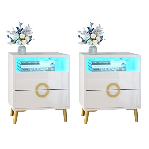 Lvhcmfohm Nachttisch 2er Set, Nachtschrank mit Led, Nachtkästchen, Nachtkommode mit Schubladen und 4 Goldenen Beinen (Weiß, 45x40x57cm) von Lvhcmfohm