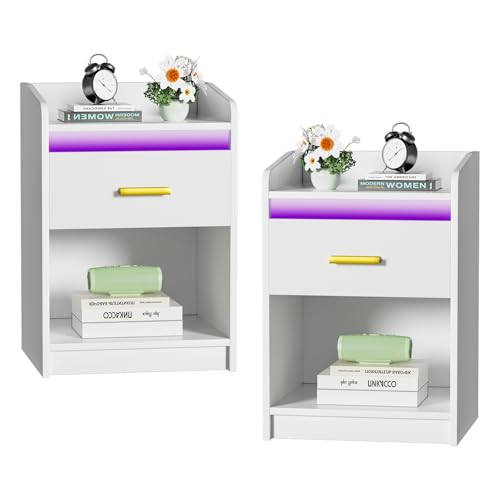 Lvhcmfohm Nachttisch 2er Set Nachttisch Weiß mit Led, Nachtschrank mit 1 Schubladen Und 1 Offenes Fach Beistelltisch und 16 Farben Beleuchtung, Geeignet für Schlafzimmer Wohnzimmer (40x35x58cm) von Lvhcmfohm