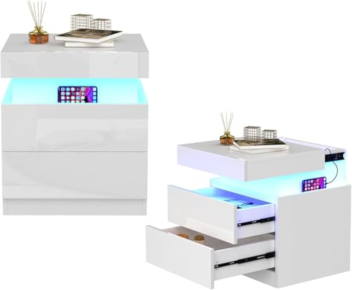 Lvhcmfohm Nachttisch 2er Set mit Steckdose, Nachtschrank mit Led Licht, 2 AC-Steckdosen, 2 USB Nachtkommode mit 2 Schubladen und Versteckte Schiebeschränke für Wohnzimmer, 45x40x52cm, Weiß von Lvhcmfohm