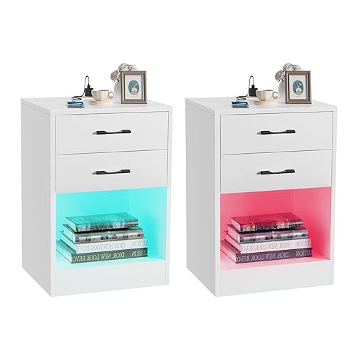 Lvhcmfohm Nachttisch Matt 2er Set mit Steckdose, Nachtschrank mit Led, Moderner Nachtkästchen, Nachtkommode mit 2 Schubladen für Wohnzimmer, Schlafzimmer (Weiß, 40x35x60cm) von Lvhcmfohm