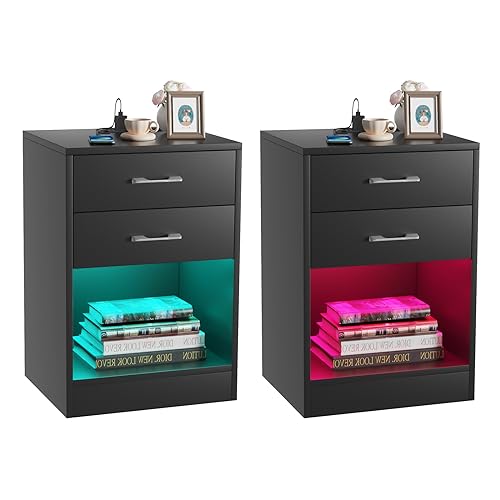 Lvhcmfohm Nachttisch Matt 2er Set mit Steckdose, Nachtschrank mit Led, Nachtkästchen, Nachtkommode mit 2 Schubladen (Schwarz, 40x35x60cm) von Lvhcmfohm