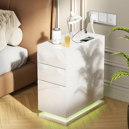 Lvhcmfohm Nachttisch Schmal mit Steckdose und USB, Nachtschrank Led mit 3 Schubladen, B30 x T50 x H63 Nachtkästchen, Nachtkommode Hochglanz Beistelltisch mit USB und 16 Farben Beleuchtung, Weiß von Lvhcmfohm