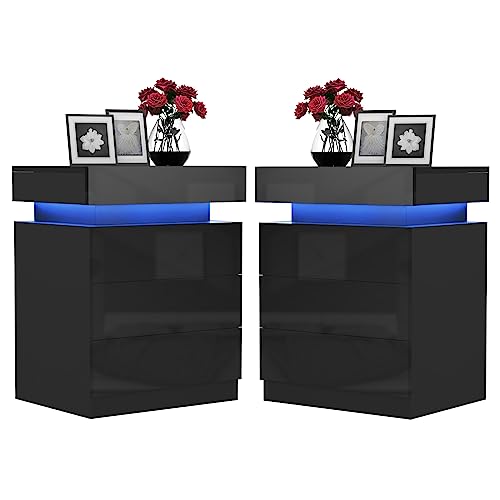 Lvhcmfohm Nachttisch Schwarz 2er Set, Nachtschrank mit Led Licht, Nachtkommode mit 3 Schubladen und Schränke mit Klappdeckel für Wohnzimmer, Schlafzimmer (45x35x61cm) von Lvhcmfohm
