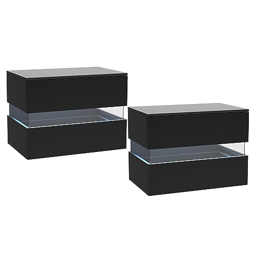 Lvhcmfohm Nachttisch 2er Set, Nachtschrank mit Led Licht, Nachtkommode mit 2 Schubladen und Acryl (60x38x46.5cm, Schwarz) von Lvhcmfohm