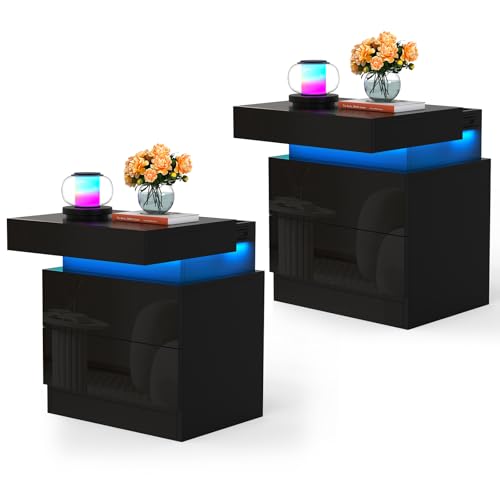 Lvhcmfohm Nachttisch Schwarz 2er Set, Nachtschrank mit Led Licht, Nachtkommode mit 2 Schubladen und Schränke mit Klappdeckel für Wohnzimmer, Schlafzimmer (45x35x52cm) von Lvhcmfohm