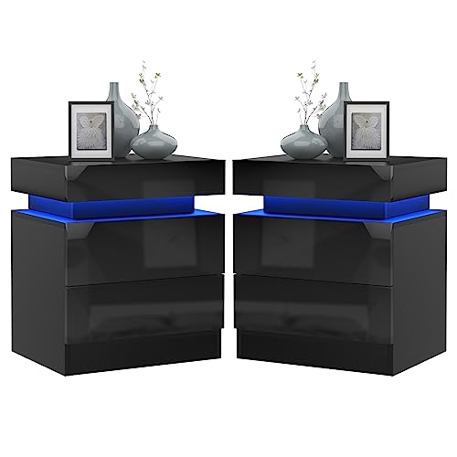Lvhcmfohm Nachttisch Schwarz 2er Set, Nachtschrank mit Led Licht, Nachtkommode mit 2 Schubladen und Schränke mit Klappdeckel für Wohnzimmer, Schlafzimmer (45x35x52cm) von Lvhcmfohm