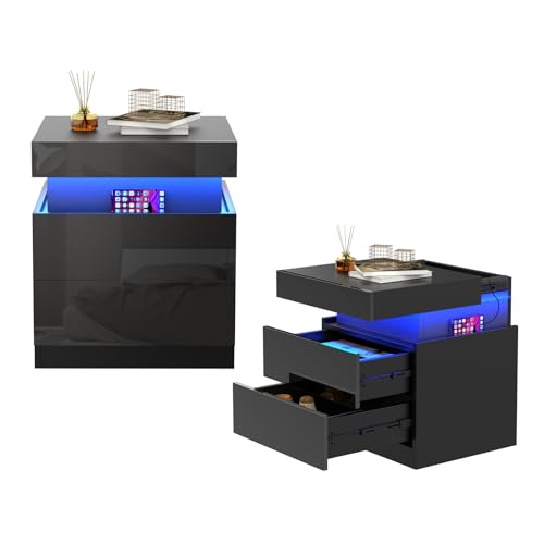 Lvhcmfohm Nachttisch Schwarz 2er Set, Nachtschrank mit Led Licht und Steckdose, Nachtkommode mit 2 Schubladen und Versteckte Schiebeschränke für Wohnzimmer, Schlafzimmer (45x40x52cm) von Lvhcmfohm