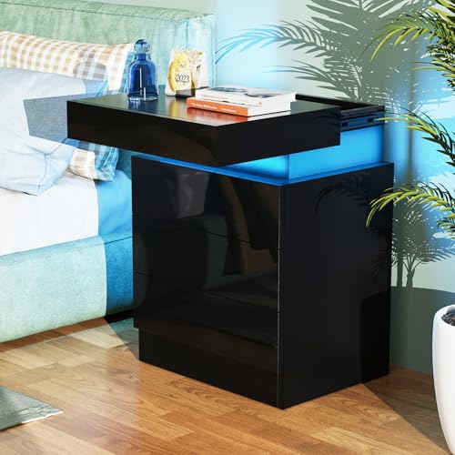 Lvhcmfohm Nachttisch Schwarz mit Led Licht, Nachttische, Nachtschrank mit 3 Schubladen und 16 Farben Beleuchtung (45x35x61cm) von Lvhcmfohm
