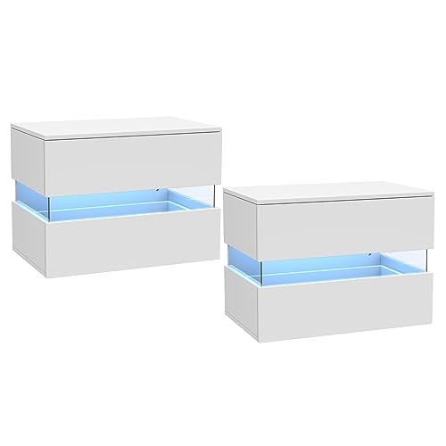 Lvhcmfohm Nachttisch Weiß 2er Set, Nachtschrank mit Led Licht, Nachtkommode mit 2 Schubladen und Acryl für Wohnzimmer, Schlafzimmer (60x38x46.5cm) von Lvhcmfohm