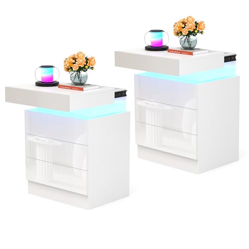 Lvhcmfohm Nachttisch Weiß 2er Set, Nachtschrank mit Led Licht, Nachtkommode mit 3 Schubladen und Schränke mit Klappdeckel für Wohnzimmer, Schlafzimmer (45x35x61cm) von Lvhcmfohm