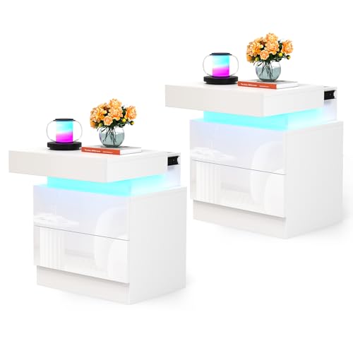 Lvhcmfohm Nachttisch Weiß 2er Set, Nachtschrank mit Led Licht, Nachtkommode mit 2 Schubladen und Schränke mit Klappdeckel für Wohnzimmer, Schlafzimmer (45x35x52cm) von Lvhcmfohm