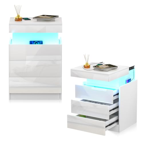 Lvhcmfohm Nachttisch Weiß 2er Set, Nachtschrank mit Led Licht und Steckdose, Nachtkommode mit 3 Schubladen und Versteckte Schiebeschränke für Wohnzimmer, Schlafzimmer (45x40x67cm) von Lvhcmfohm