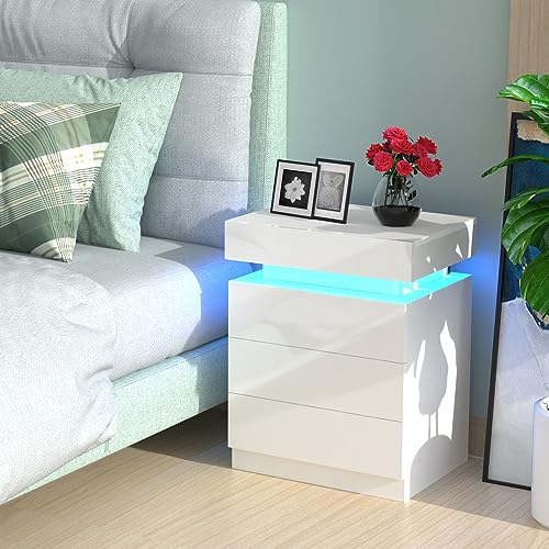 Lvhcmfohm Nachttisch Weiß mit Led, Nachtschrank, Nachtkommode mit 3 Schubladen und Schränke mit Klappdeckel für Wohnzimmer, Schlafzimmer (45x35x61cm) von Lvhcmfohm