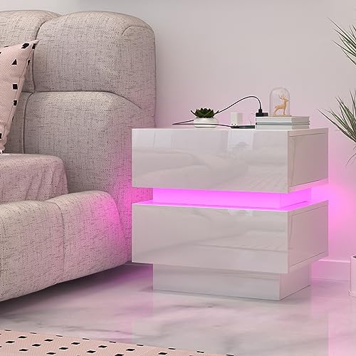 Lvhcmfohm Nachttisch mit Steckdose und LED, Nachtschrank mit ladefunktion und USB, Nachtkommode mit 2 schubladen (45x35x46cm, Weiß) von Lvhcmfohm