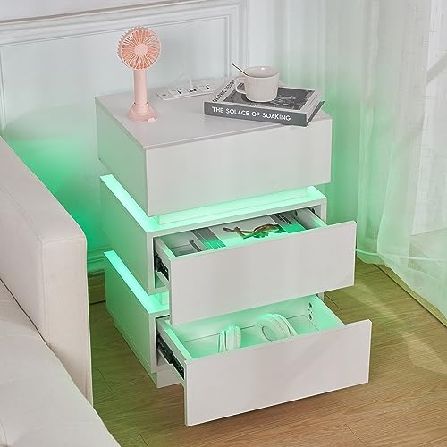 Lvhcmfohm Nachttisch mit Steckdose und led, Nachtschrank mit USB und ladefunktion, Nachtkommode mit 3 Schubladen (45x35x62cm, Weiß) von Lvhcmfohm