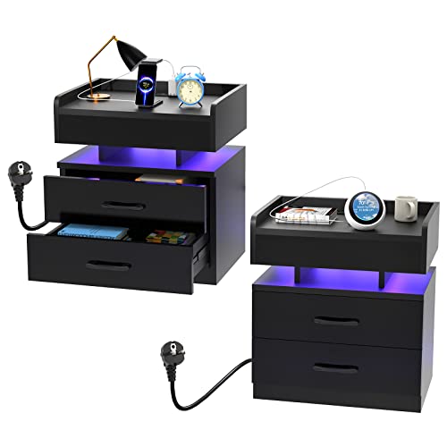 Lvhecforhm 2er Set Nachttisch, Nachttisch mit Steckdosen und USB-Anschlüsse, Nachttisch mit LED Licht 16 Farben Beleuchtung, Schwarz Nachttisch mit Ladestationm, Beistelltisch mit Schublade Fächern von Lvhecforhm