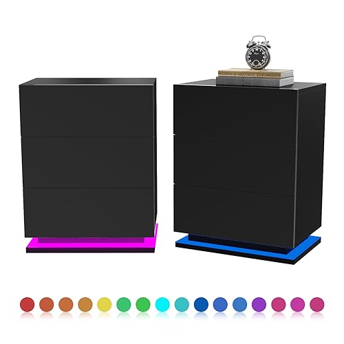 Lvhecforhm 2er Set Nachttisch Schwarz, Nachttische Hochglanz Front, Nachttisch Schwarz mit 3 Schubladen,Nachttisch mit Schiebeschubladen,Moderner Nachttisch für Wohnzimmer Schlafzimmermöbel 50x35x68cm von Lvhecforhm