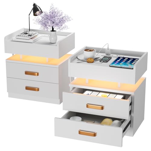 Lvhecforhm 2er Set Nachttisch Weiß, Nachttische mit 2 Schubladen, Nachttische mit Offenen Fächern Hochglanz Front, Einstellbare Farben, Modern 45x35x52cm für Schlafzimmer von Lvhecforhm