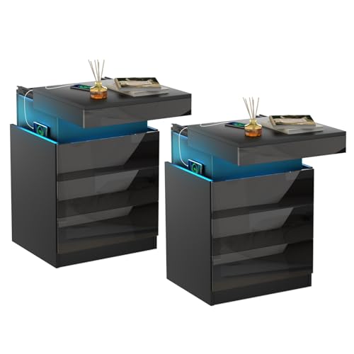 Lvhecforhm 2er Set Nachttisch mit Ladestation, Nachttisch mit LED Licht, Nachttische mit USB Anschlüsse, Intelligent mit Top Slide Locker, Schwarz Mit Schubladen Hochglanz Front Lvhecforhm 2er Set Nachttisch mit Ladestation, Nachttisch mit LED Licht, Nachttische mit USB Anschlüsse, Intelligent mit Top Slide Locker, Schwarz Mit Schubladen Hochglanz Front von Lvhecforhm