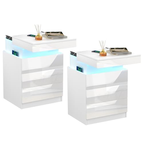 Lvhecforhm 2er Set Nachttisch mit Ladestation, Nachttisch mit LED Licht, Nachttische mit USB Anschlüsse, Intelligent mit Top Slide Locker, Weiß Nachttische Mit 3 Schubladen Hochglanz Front von Lvhecforhm
