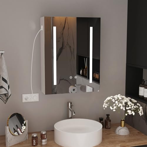Lvhecforhm Badezimmer Spiegelschrank mit Beleuchtung und Defog, LED Badezimmerschrank mit Spiegel und Verstellbares Regale, Farbtemperatur Dimmbare, Badschrank Hängend 80x60x15cm,Badspiegel Badezimmer von Lvhecforhm