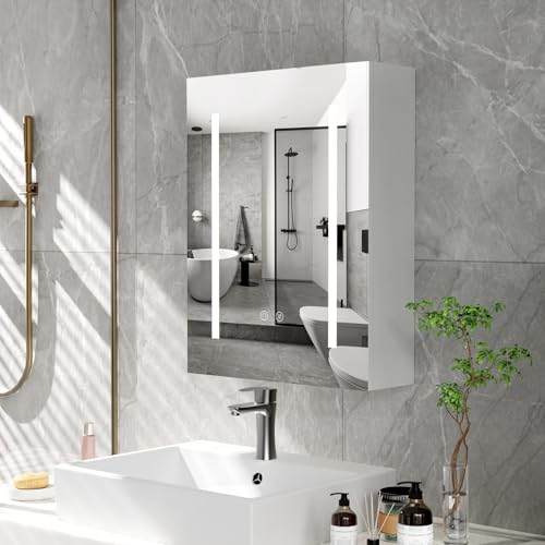 Lvhecforhm Badezimmerschrank, Badschrank mit Spiegel, Spiegelschrank Bad mit LED Beleuchtung Defogger 60x45x15cm, 3 Farbtemperatur Dimmbare, Verstellbare Ablagen, Badspiegel Badezimmer, Hängeschrank von Lvhecforhm