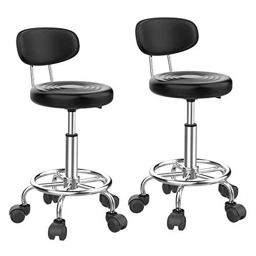 Lvhecforhm Bürostuhl mit Lehne, Rollhocker 2er Set, Arbeitshocker Höhenverstellbar, 360° Rotating Seat Bürohocker, Schwarz Barstuhl Hocker mit Rollen, Schemel Runder PU Leder Drehhocker Bar Rollhocker von Lvhecforhm