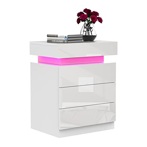 Lvhecforhm Nachtschrank Weiß, Nachttisch mit Led Beleuchtung, Modern Nachttisch mit 3 Schubladen 16 Farbbeleuchtung Beistelltisch, Nachttisch Weiß Hochglanz 45x35x61cm, für Schlafzimmer Wohnzimmer von Lvhecforhm