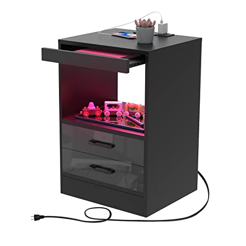 Lvhecforhm Nachttisch, Couchtisch mit Steckdosen und USB-Anschlüsse, LED Licht 16Farben Beleuchtung, Schwarz Ladestationm, Beistelltisch Schublade Offenen Fächern, 40x35x60cm, HJ368913_01 von Lvhecforhm