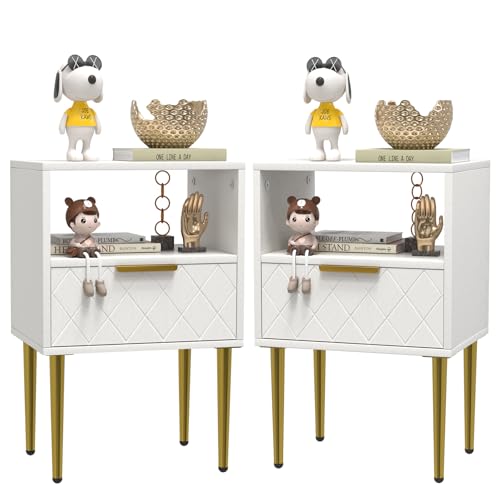 Lvhecforhm Nachttisch Weiß, 2er Set, Nachtschrank mit 1 Schubladen, Nachttische mit 1 Offenen Ablagen, Modern Nachtkästchen, Einfacher Beistelltisch, Boho Nachttische für Schlafzimmer, Gold Beine von Lvhecforhm