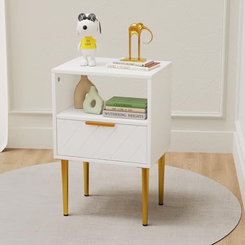 Lvhecforhm Nachttisch Weiß, Nachtschrank mit 1 Schubladen, Nachttische mit 1 Offenen Ablagen, Modern Nachtkästchen, Einfacher Beistelltisch, Boho Nachttische für Schlafzimmer, Wohnzimmer, Gold Beine von Lvhecforhm