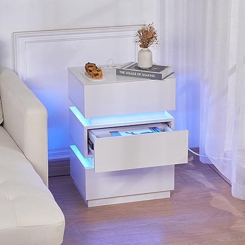 Lvhecforhm Nachttisch mit 2 AC-Steckdosen, 2 USB-Anschlüsse, Nachttisch Weiß mit LED-Beleuchtung Einstellbare Farben, Nachttische mit Schublade, 45x35x62cm Nachttische Hochglanz Front für Schlafzimmer von Lvhecforhm