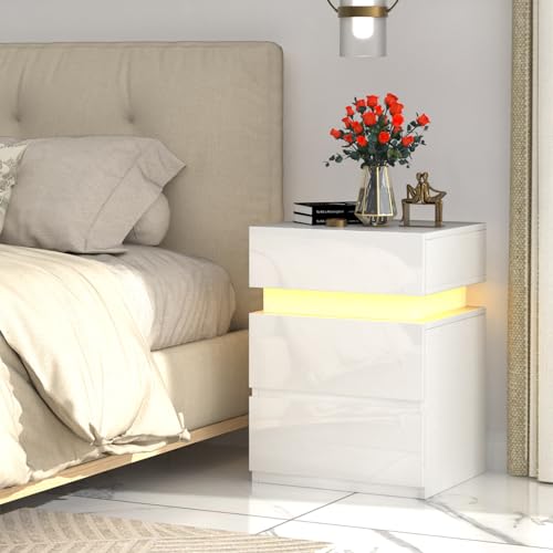 Lvhecforhm Nachttisch mit LED-Beleuchtung, Nachttisch Sofatisch mit 3 Schubladen, 16 Einstellbare Farben, Weiß Nachtschrank Hochglanz Front, Modern Nachttische für Wohnzimmer, Schlafzimmer 40x35x55cm von Lvhecforhm