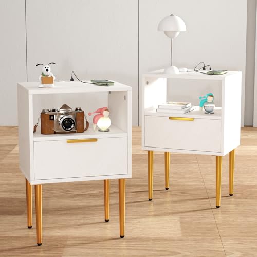 Lvhecforhm Nachttisch mit Ladestation, 2er Set, Nachtschrank mit 1 Offenen Ablagen und 1 Schublade, 2 AC-Steckdosen, 2 USB-Anschlüsse, Modern Weiß Nachttisch, Nachttische für Schlafzimmer, Gold Beine von Lvhecforhm