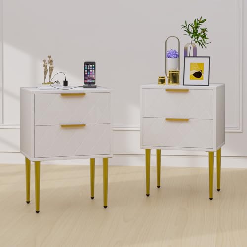 Lvhecforhm Nachttisch mit Ladestation, 2er Set, Nachtschrank mit 2 Schublade, 2 AC-Steckdosen, 2 USB-Anschlüsse, Modern Nachttisch, Beistelltisch Boho Nachttische für Schlafzimmer, Weiß und Gold Beine Lvhecforhm Nachttisch mit Ladestation, 2er Set, Nachtschrank mit 2 Schublade, 2 AC-Steckdosen, 2 USB-Anschlüsse, Modern Nachttisch, Beistelltisch Boho Nachttische für Schlafzimmer, Weiß und Gold Beine von Lvhecforhm