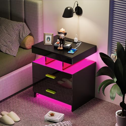 Lvhecforhm Nachttisch mit Ladestation, Nachtschrank mit Steckdosen und USB Anschlüsse, Nachttisch mit LED Licht 16 Farben Beleuchtung, Nachttische Hochglanz Front, Nachttisch Schwarz, HL431754_02 von Lvhecforhm