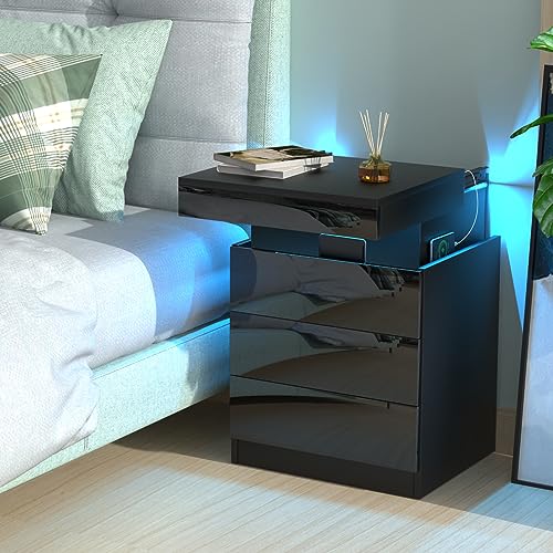 Lvhecforhm Nachttisch mit Ladestation, Nachttisch mit LED Licht, Modern Nachttische mit USB Anschlüsse, Intelligent Nachttisch mit Top Slide Locker, Schwarz Nachttische Mit Schubladen Hochglanz Front von Lvhecforhm