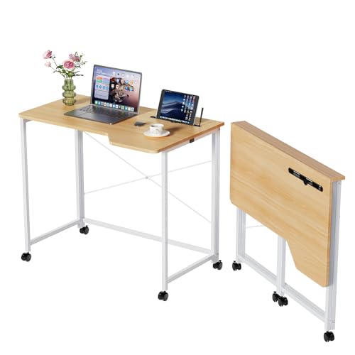 Lvhecforhm Schreibtisch Klappbar, Eiche Schreibtisch Klappcomputer, Klappbarer Computertisch PC Tisch mit Tablet-Schlitz, Portable Schreibtische Klappbar, Faltbar Schreibtisch Platzsparender Office von Lvhecforhm