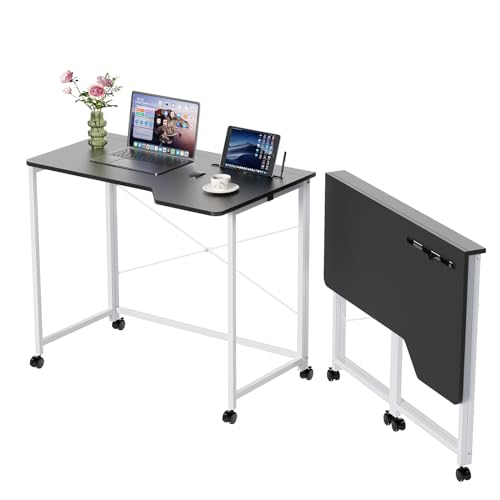 Lvhecforhm Schreibtisch Klappbar, Schwarz Schreibtisch Klappcomputer, Klappbarer Computertisch PC Tisch mit Tablet-Schlitz, Portable Schreibtische Klappbar, Faltbar Schreibtisch Platzsparender Office von Lvhecforhm