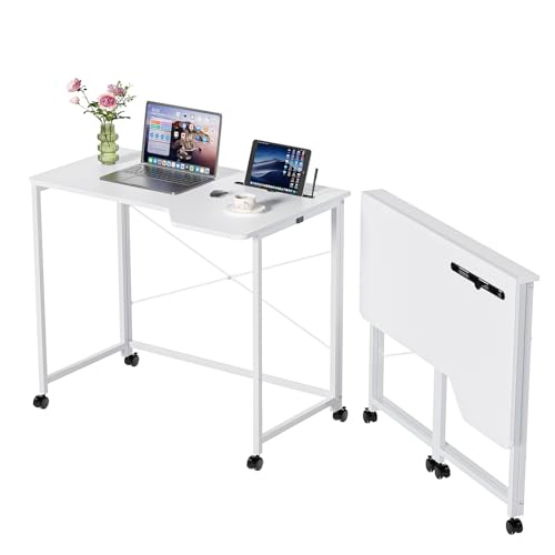 Lvhecforhm Schreibtisch Klappbar, Weiß Schreibtisch Klappcomputer, Klappbarer Computertisch PC Tisch mit Tablet-Schlitz, Portable Schreibtische Klappbar, Faltbar Schreibtisch Platzsparender Office von Lvhecforhm