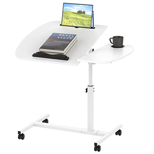 Schreibtisch mit Rollen, Schreibtisch Höhe Verstellbar, Klappbarer Bett Sofatisch, 360° Drehbar Heben Laptopständer,Stehpult Laptop 60x40CM,Mobiler Schreibtisch Mit Becherhalter und Kartenschlitz Weiß von Lvhecforhm