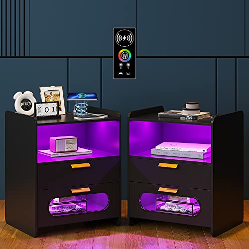 Lvifur 2X Nachttisch RGB Led Licht,Nachttisch mit 2 Schublade,Smart Nachtkommode Menschliche Sensorfunktion,Nachtschrank 20 Farblicht dimmbar mit Kabelloses Laden von Lvifur