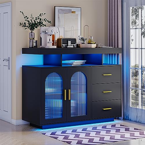 Lvifur Buffetschrank Sideboard Weiss, Vorratsschrank Mit Kabelloser Ladestation, Automatischem Sensor RGB 20-Farben Dimmbares Sideboard Intelligente Sensorik Kommode Wohnzimmer Schwarz von Lvifur