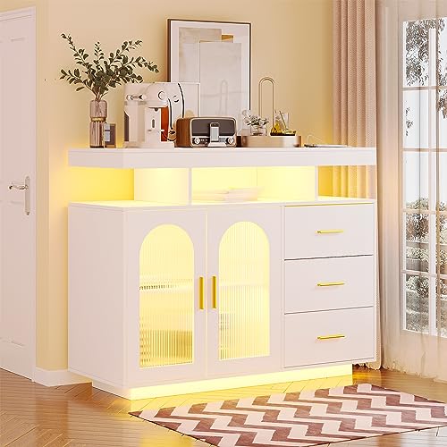 Lvifur Buffetschrank Sideboard Weiss, Vorratsschrank Mit Kabelloser Ladestation, Automatischem Sensor RGB 20-Farben Dimmbares Sideboard Intelligente Sensorik Kommode Wohnzimmer Weiß von Lvifur
